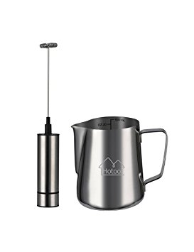 Stainless Steel Handheld Electric Milk Frother and 20 oz Frothing Pitcher with Measurement Scales Combo Kit for Espresso Machines, Latte Art