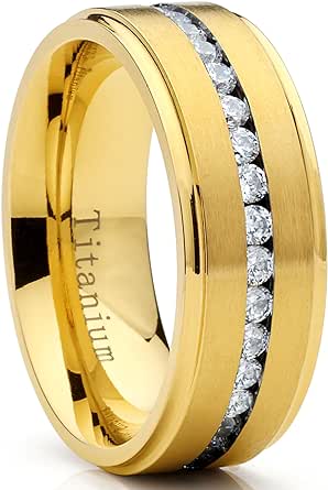 GoldTone Titanium Men's Eternity Wedding Band Ring with Cubic Zirconia CZ, Comfort Fit 8mm
