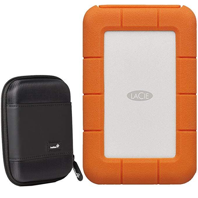 LaCie Rugged Thunderbolt USB-C 2TB Portable Hard Drive STFS2000800 and Ivation Large Hard Drive Case