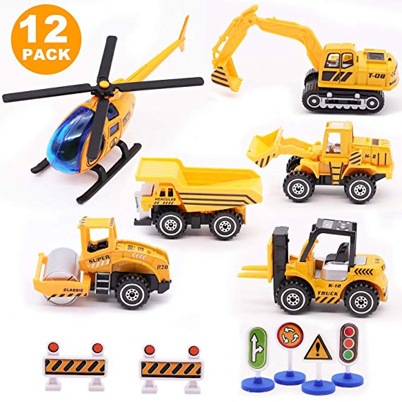 Alloy Construction Engineering Vehicle Toys set 12 PACK Big forklift,Single drum roller,Stacker/Crane,Helicopter,Excavator,Heavy Duty Truck, Construction Traffic Sign Mini Toy Set for Kids Boys