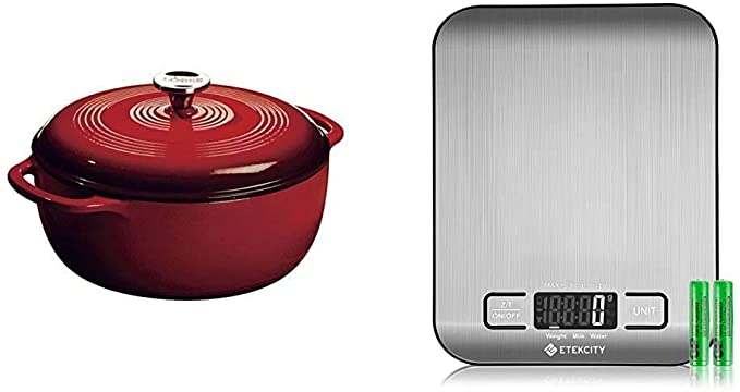 Lodge Enameled Cast Iron Dutch Oven With Stainless Steel Knob and Loop Handles, 6 Quart, Red & Etekcity Food Scale, Digital Kitchen Weight Grams and Ounces for Baking and Cooking, Small