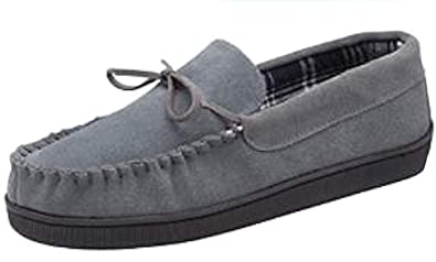 Dunlop - Mens Plush Fleece Lined Leather Moccasin Loafer Slippers with Hardsole