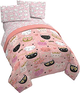 Jay Franco Purrrfect 4 Piece Twin Bed Set - Includes Comforter & Sheet Set - Bedding Features Cats - Super Soft Fade Resistant Microfiber