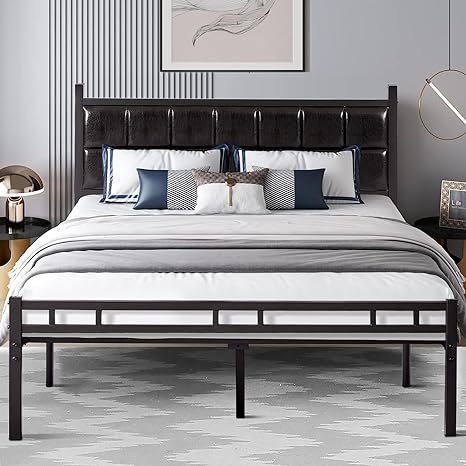 VECELO Queen Bed Frame with PU Upholstered Headboard, Heavy Duty Platform Bedframes, Metal Slats Support, No Box Spring Needed, Matter Black