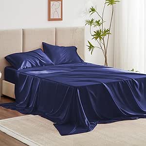 Love's cabin Twin XL Satin Sheet Sets - 3 Piece Navy Blue Silky Satin Bed Sheets with Deep Pockets, Luxury Silk Feel Satin Sheet Set Twin XL (1 Flat Sheet,1 Fitted Sheet,1 Pillow case)