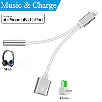 Headphones Adapter for iPhone Charger 3.5mm Jack Adapter Dongle Earphone Connector for iPhone 8/ X/XS MAX/XR/ 8Plus/ 7/7 Plus 2 in 1 Music Charger Cables Charge & Aux Audio Support iOS 12 - Silver