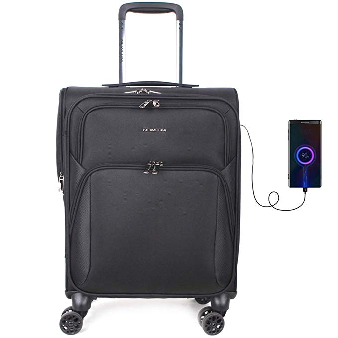 NEWCOM Luggage 20" Business Carry On with USB Charging Ports Lightweight Softside Spinner Soft Shell Suitcase