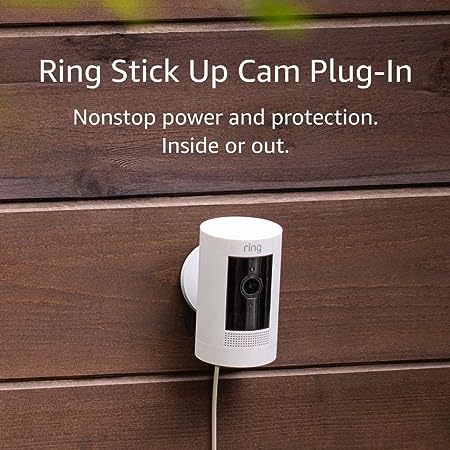 Ring Stick Up Cam Plug-In HD security camera with two-way talk, Works with Alexa - White