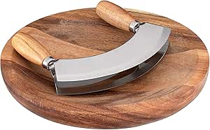 Navaris Cutting Board & Mezzaluna Knife - Wooden Chopping Board & 2-Bladed Curved Herb Cutter - Round Acacia Wood Board & Double Blade Rocker Chopper