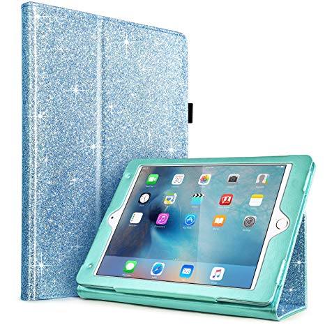 IDweel iPad 6th Generation Case, iPad 5th Gen Case, iPad Air 2 & 1 Case, Slim Folio Folding Stand Auto Wake/Sleep PU Leather Cover Compatible with iPad 9.7 Inch iPad 2018/2017, Blue Glitter