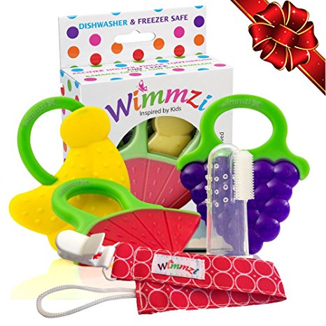 Teething Toys Set of 5 for Baby Infant & Toddler by Wimmzi | BPA-Free Freezer Safe Silicone Fruit Teethers   Pacifier / Teether Clip Holder   Finger Toothbrush Massager | Best Relief for Sore Gums