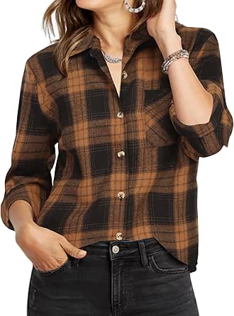 Zeagoo Womens Plaid Shirts Cotton Classic Long Sleeve Button Down Collared Casual Tops Lightweight Autumn Blouses