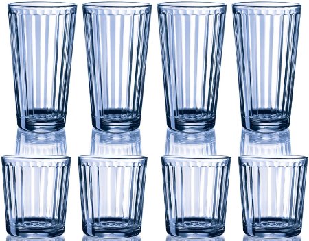 Circleware ★HUGE★ Set of 16 Holiday Blue Column Glass Drinking Glasses Set, 16 Piece Set, 8-17 Ounce and 8-13 Ounce DOF Coolers, Limited Edition Glassware Drinkware Drink Glass Cups