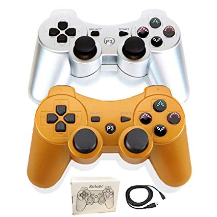 Kolopc 2 Packs Wireless Bluetooth Controller for PS3 Double Shock - Bundled with USB Charge Cord (Gold and Silver1)