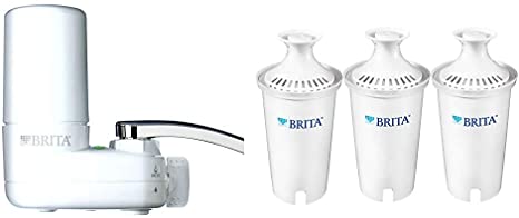 Brita Tap Water Filter System, Water Faucet Filtration System with Filter Change Reminder, Reduces Lead, BPA Free, White & Water Replacement Filters for Pitchers and Dispensers, 3ct, White