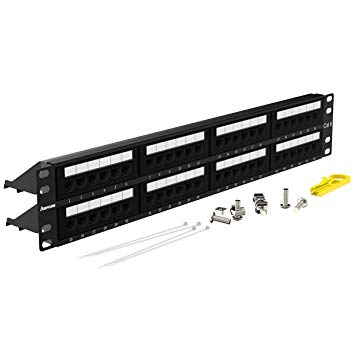 AMPCOM Premium Series CAT6 48 Ports Patch Panel, Rack Mount - 2U, 19 inch, RJ45 Ethernet 568A 568B, 15u Gold Plated, with Rear Cable Support Bar