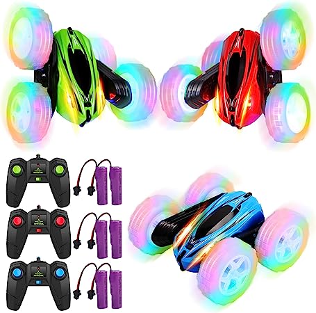 3 Pack Remote Control Car Toys for Kids, 2.4GHz RC Stunt Cars with Wheel Lights, Drift High Speed 4WD Off Road Double Sided 360° Rotating Cars, for Boys Girls
