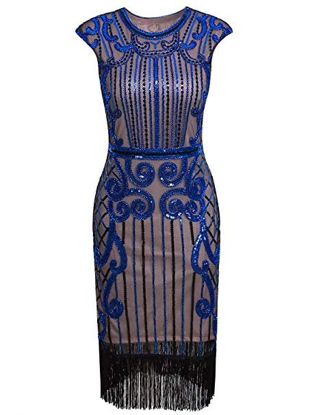 Vijiv 1920s Vintage Inspired Sequin Embellished Fringe Long Gatsby Flapper Dress