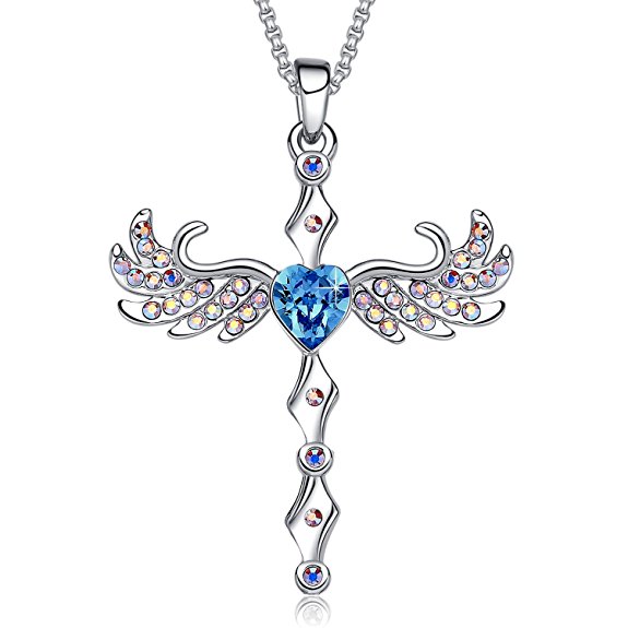MEGA CREATIVE JEWELRY Cross Pendant Necklace for Women Angel Wings Made with Blue Heart Swarovski Crystals, Christmas Gifts