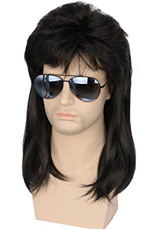 Topcosplay 80s Hair Wig Men Wayne Wig Rocking Dude Wig Punk Metal Rocker Disco Mullet Wig (Black Wavy)