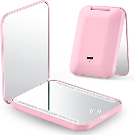 Gospire Mini Rechargeable Travel Makeup Mirror with Lights and Magnification 1X / 3X, LED Compact Mirror with 3 Light Colors & Adjustable Brightness, Small Vanity Mirror Handheld for Purses