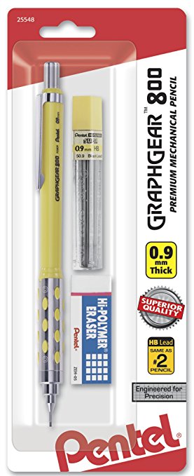 Pentel Graph Gear 800 Mechanical Drafting Pencil, 0.9mm, Yellow Barrel with Lead and Small Block Eraser (PG809LZBP)