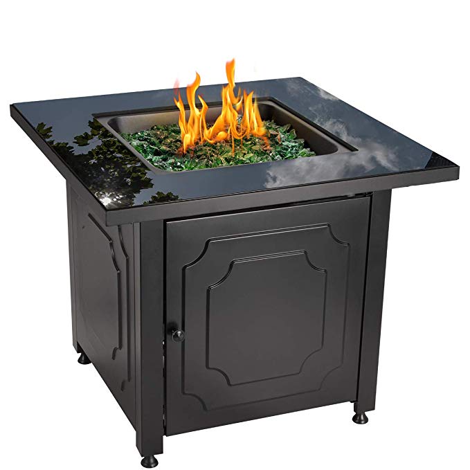 Blue Rhino Outdoor Propane Gas Fire Pit with Black Glass Top and Green Fire Glass - Add Warmth and Beauty to Your Backyard
