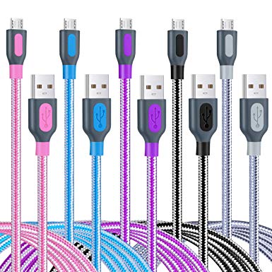 Micro USB Cable 10ft, Besgoogs 5-Pack Colors Micro USB Charger Cable Braided Fast Android Charger Cord Compatible Samsung s7 s6, HTC, LG, Sony, Motorola and More - Black White Blue Pink Purple