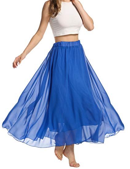 ACEVOG Women Elastic Dress Casual Pleated Retro Maxi Chiffon Long Skirt