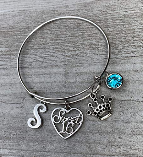 Personalized Sweet 16 Birthstone and Initial Charm Bangle Bracelet- Sweet 16 Jewelry - Sweet Sixteen Gift- Perfect Birthday Gift For Girls