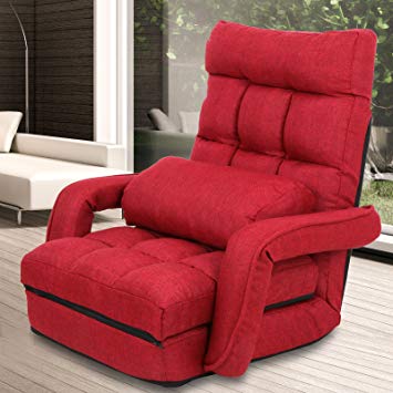 ZENY Folding Lazy Sofa Floor Chair Sofa Chaise Lounger Bed with Armrests and a Pillow, Red