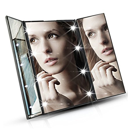 MQB Portable Folding Vanity Lighted Makeup Mirror - Three Panel and 8 LED Lights, Black