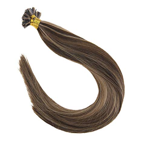 Sunny 14Inch Remy Flat Tip Hair Extensions Human Hair Dark Brown Highlight Blonde Pre Bonded Human Hair Extensions Fusion Hair Extensions 50g Per Pack