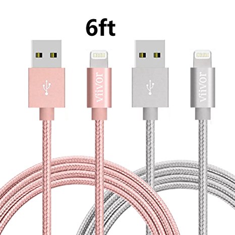ViiVor 2PACK 6FT Durable Nylon Braided Lightning 8pin to USB Syncing and Charging Cable with Aluminum Connector for Apple iPhone 7/7 Plus/6/6 Plus/6s/6s Plus/5/5c/5s/SE,iPad/iPod on iOS9 (2Pack 6FT Rose Gold and Gray)