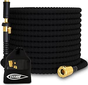 TITAN Garden Hose 50FT | NON-EXPANDING Durable, Flexible, Ultra Lightweight, Extra Strength Fabric Hybrid Water Hose, Heavy Duty Brass Connectors, With Jet Nozzle For Home, Marine, RV