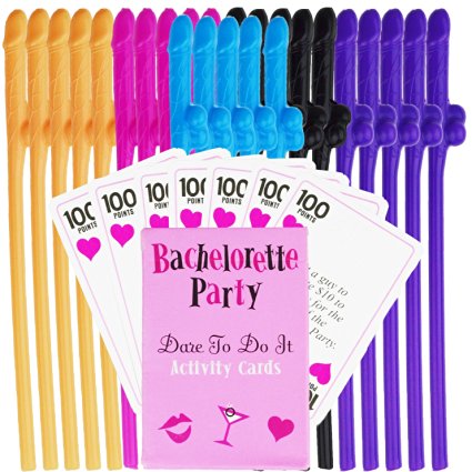 Bachelorette Party Decorations Supplies - 25 Willy Pecker Straws & BONUS DARE Cards Pack - BPA PHTHALATE FREE - Hens Favors Games Gifts ~ Silly Birthday Parties and Bridal Ideas ~ Funny Bachorlette