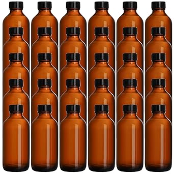 Bekith 30 Pack 4 oz Amber Glass Bottles, Boston Round Sample Bottles with Black Poly Cone Cap for Potion, Juice, Ginger Shots, Oils, Whiskey, Liquids