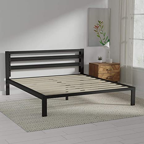 AmazonBasics Metal Bed with Modern Industrial Design Headboard - 14 Inch Height for Under-Bed Storage - Wood Slats - Easy Assemble, King