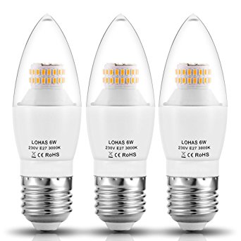 LOHAS® C37 6Watt E27 LED Candle Bulbs, 60Watt Incandescent Bulb Equivalent, 550lm, Warm White 3000K, Non Dimmable, Edison Screw Candle Light Bulbs, 220-240V AC, Pack of 3 Units
