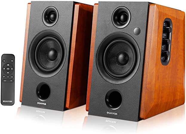 Sanyun SW228BT 80W Active Bluetooth 5.0 Bookshelf Speakers – 4Inch Carbon Fiber Speaker Unit - Wireless Studio Monitors - Optical RCA Coaxial Inputs - Built-in 24bit DAC - Wooden Enclosure (Upgraded)