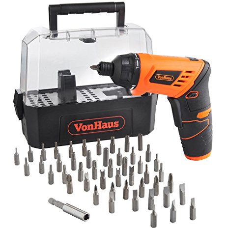 VonHaus 3.6V Pivot Handle Screwdriver Lithium-Ion LED Light with Cordless Twistable Handle & 50pc Accessory Set Carry Case