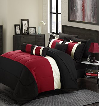Chic Home Serenity 10 Piece Comforter Set Complete Bed in a Bag Stripe Pattern Bedding with Sheet Set And Decorative Pillows Shams Included, Queen Black Red