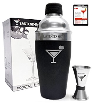Bartender Soul Black Premium Cocktail Shaker Set 18oz - Elegant Professional Bar Martini Mixer w/ Built-In Strainer - Excellent Gift