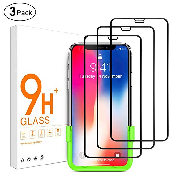 iPhone X Screen Protector, [3 Pack] GUSGU Full Coverage Tempered Glass Film [Easy Installation] 9H  Hardness HD for 5.8 inch Apple iPhone 10