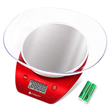 Etekcity Digital Kitchen Scale, Electric Food Weight Scales, Stainless Steel Platform Baking Scale with Removable Bowl, Large LCD Screen & Tare Button, 5kg/1g, Red(Batteries Include)