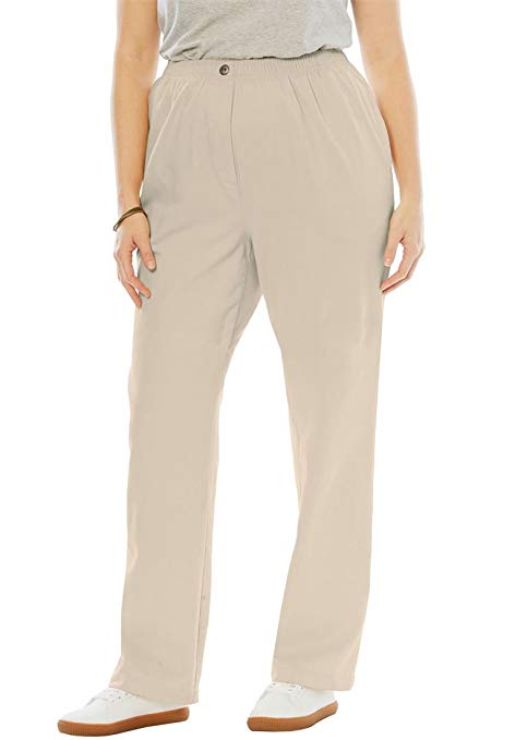 Woman Within Plus Size Petite Elastic-Waist Cotton Straight Leg Pant