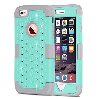 iPhone 6 Case,iPhone 6S Case, BENTOBEN Combo Bumper Shockproof Protective Case Cover for iPhone 6 6S(4.7 Inch) Triple Layer Bling Rhinestone Hybrid Hard PC & Soft Silicone,Mint Green/Gray