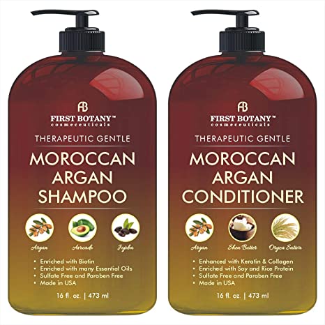 Moroccan Argan Oil Shampoo and Conditioner Set with Restorative Formula Gentle & Sulfate Free for All Hair Types. Cleanses, Revives, Hydrates, Detangles Hair & Revitalizes the Scalp & Split-Ends 16 fl oz x 2