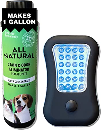 Stink Free All Natural Pet Stain & Urine Odor Eliminator for Cat & Dog, Makes 1 Gallon of Solution, Microbial & Enzyme Based Pee Remover and Cleaner for Carpets, Rugs, Hardfloor w/Free UV Black Light