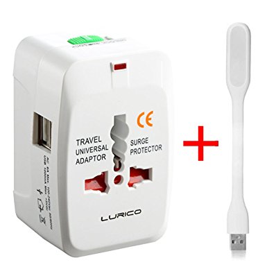 LURICO Travel Adapter, Universal All in One Worldwide Travel Power Plug Wall AC Adapter Charger with 2 USB Charging Ports for US/EU/UK/AU with Mini USB LED Light（White)